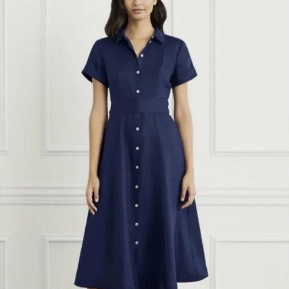 Hill House Lily Midi Dress Linen Navy Blue Fit & Flare Shirt Dress XS
